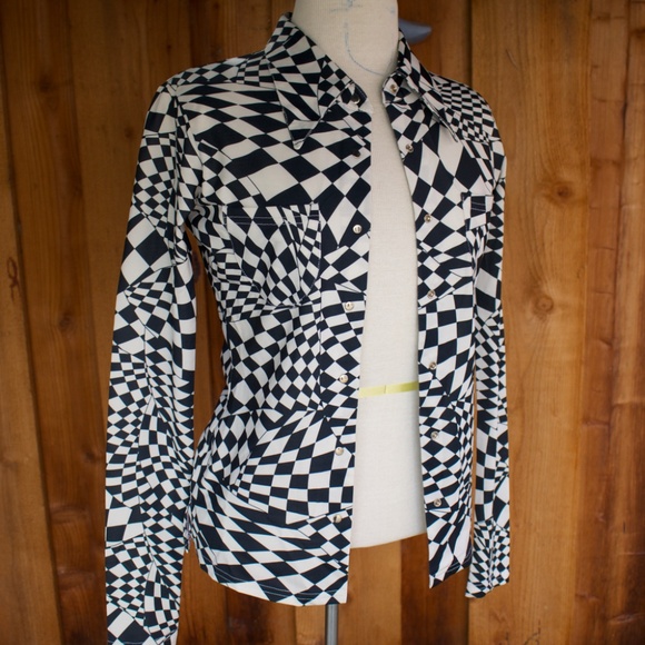 Vintage BEBE DISCO Black & White Checkered Long Sleeve Button Down Blouse - Picture 7 of 17